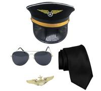Lpitoy Ensemble De Costume De Pilote d'halloween, 4 Pièces, Chapeau, Badge, Cravate, Lunettes, Déguisement De Compagnie Aérienne, Accessoire De Costume