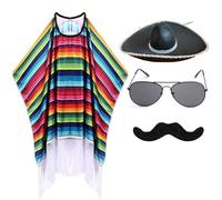 Lpitoy Ensemble De Costumes De Fête Mexicaine pour Adultes Comprenant Un Poncho Mexicain Serape, Un Chapeau Sombrero, des Lunettes De, Une Moustache, Un Accessoire De Costume Cinco De Mayo
