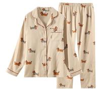 Lpitoy Ensemble Pyjama Mignon pour Femme, Imprimé Teckel, Manches Longues, en Coton, 2 Pièces, Fermeture Boutonnée, Vêtement D'intérieur, Nuit