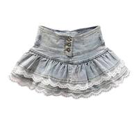 Lpitoy Jupe Courte Plissée en Jean Vintage pour Femme, Coupe Trapèze, avec Dentelle Short Intégré, Style Américain Épicé Y2k Coréen