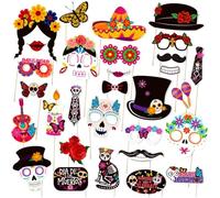 Lpitoy Lot de 30 Accessoires pour Photomaton du Jour des Morts, Motif Tête De Mort en Sucre, pour Fête d'anniversaire Mexicaine