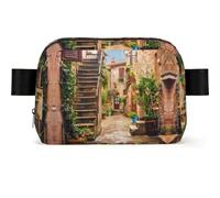 LPLSNWS Mediterranean Street Sac banane avec maisons, polyester, fermeture éclair, sangle réglable 110 cm, 19 x 5,5 x 13 cm, lavage à la main uniquement