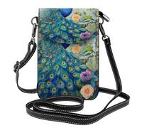 LPLSNWS Petit portefeuille pour téléphone portable avec bandoulière réglable Motif paon dans la forêt enchantée Bleu