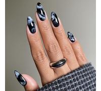 LPOODDNU Lot de 24 faux ongles à presser en forme d'amande - Réutilisables avec double pastilles adhésives - Noir moyen avec motifs marbrés - Finition brillante