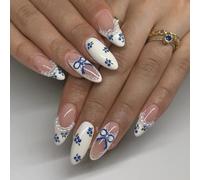 LPOODDNU Lot de 24 faux ongles à presser réutilisables avec languettes adhésives - Bleu et blanc - Dentelle de myrtille moyenne - Finition brillante - Manucure pour femme