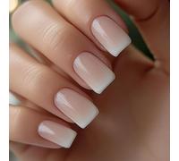 LPOODDNU Lot de 24 faux ongles carrés à coller avec languettes adhésives, rose et blanc dégradé, longueur moyenne