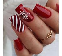 LPOODDNU Lot de 24 faux ongles de Noël rouges à presser de taille moyenne - Ongles de Noël carrés blancs à coller sur les ongles rouges brillants à coller pour femme