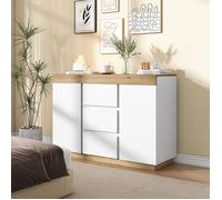 LPOSPI Commode - meuble de rangement 3 tiroirs 2 portes chambre ou salon blanc et chêne 120 5x40 2x82 5 cm