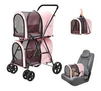 LPOTIUS Poussette double pour chiens et chats avec 2 sacs de transport amovibles, poussette à pliage rapide pour chiens et chats de taille moyenne et petite, 4 roues, rose clair