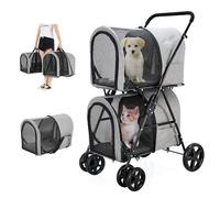 LPOTIUS Poussette double pour chiens et chats avec 2 sacs de transport amovibles, poussette à pliage rapide pour chiens et chats de petite et moyenne taille, 4 roues, gris