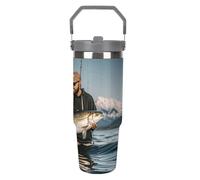 LPSADGF Bass Fishing Wave - Gobelet de 887 ml avec paille, tasse de voyage isotherme en acier inoxydable avec poignée, tasse à café sous vide à double paroi, couvercle anti-fuite, garde les boissons