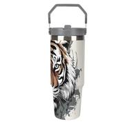 LPSADGF Black And White Doodle Tiger - Gobelet de 887 ml avec paille, tasse de voyage isotherme en acier inoxydable avec poignée, tasse à café sous vide à double paroi, couvercle anti-fuite, garde les