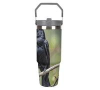 LPSADGF Black Crow Birds on A Branch Gobelet de 887 ml avec paille, tasse de voyage isotherme en acier inoxydable avec poignée, tasse à café sous vide à double paroi, couvercle anti-fuite, garde les