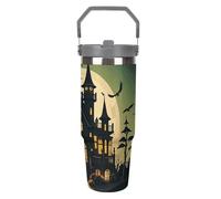 LPSADGF Black Haunted Mansion Gobelet de 887 ml avec paille, tasse de voyage isotherme en acier inoxydable avec poignée, tasse à café sous vide à double paroi, couvercle anti-fuite, garde les boissons