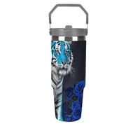 LPSADGF Blue Rose Tiger - Gobelet de 887 ml avec paille, tasse de voyage isotherme en acier inoxydable avec poignée, tasse à café sous vide à double paroi, couvercle anti-fuite, garde les boissons