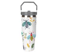 LPSADGF Bright Insect - Gobelet de 887 ml avec paille, tasse de voyage isotherme en acier inoxydable avec poignée, tasse à café sous vide à double paroi, couvercle anti-fuite, garde les boissons