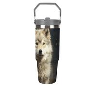 LPSADGF Cute Wolf - Gobelet de 887 ml avec paille, tasse de voyage isotherme en acier inoxydable avec poignée, tasse à café sous vide à double paroi, couvercle anti-fuite, garde les boissons chaudes