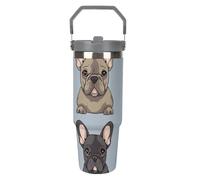 LPSADGF French Bulldog - Gobelet de 887 ml avec paille, tasse de voyage isotherme en acier inoxydable avec poignée, tasse à café sous vide à double paroi, couvercle anti-fuite, garde les boissons