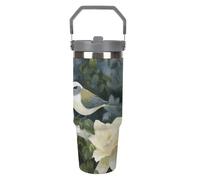 LPSADGF Gardenia - Gobelet de 887 ml avec paille - Tasse de voyage isotherme en acier inoxydable avec poignée - Tasse à café sous vide à double paroi - Couvercle anti-fuite, garde les boissons chaudes