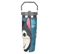 LPSADGF Gobelet de 887 ml avec paille, tasse de voyage isotherme en acier inoxydable avec poignée, tasse à café sous vide à double paroi, couvercle anti-fuite, garde les boissons chaudes/froides