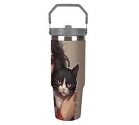 LPSADGF Gobelet de 887 ml avec paille - Tasse de voyage isotherme en acier inoxydable avec poignée - Tasse à café sous vide à double paroi - Couvercle anti-fuite - Garde les boissons chaudes/froides