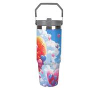 LPSADGF Gobelet de 887 ml en forme de cœur avec paille, tasse de voyage isotherme en acier inoxydable avec poignée, tasse à café sous vide à double paroi, couvercle anti-fuite, garde les boissons