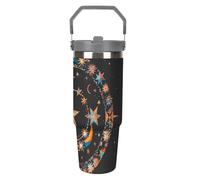 LPSADGF Gorgeous Stars And Moon Gobelet de 887 ml avec paille, tasse de voyage isotherme en acier inoxydable avec poignée, tasse à café sous vide à double paroi, couvercle anti-fuite, garde les