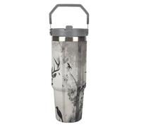 LPSADGF Hunting Silhouette of Deer Gobelet de 887 ml avec paille, tasse de voyage isotherme en acier inoxydable avec poignée, tasse à café sous vide à double paroi, couvercle anti-fuite, garde les