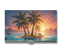 LPSADGF London Étui fin pour cartes de visite en alliage d'aluminium et métal avec rabat professionnel pour cartes de visite pour homme et femme (style boucle), palmier tropical lever de soleil