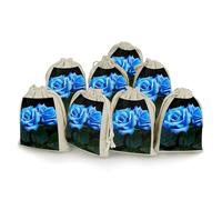 LPSADGF Lot de 8 petits sacs cadeaux réutilisables en coton et lin avec cordon de serrage pour Noël, mariages, fêtes, dragées - 12,4 x 17 cm - Motif roses bleues