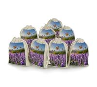 LPSADGF Lot de 8 petits sacs cadeaux réutilisables en coton et lin avec cordon de serrage pour Noël, mariages, fêtes, dragées - 12,4 x 17 cm - Lavande et papillons