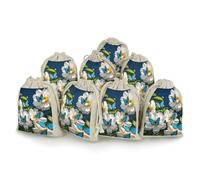 LPSADGF Lot de 8 petits sacs cadeaux réutilisables en coton et lin avec cordon de serrage pour Noël, mariages, fêtes, dragées - 12,4 x 17 cm - Motif fleurs blanches et papillons bleus