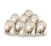 LPSADGF Lot de 8 petits sacs cadeaux réutilisables en coton et lin avec cordon de serrage pour Noël, mariages, fêtes, dragées - 12,4 x 17 cm - Motif chat blanc
