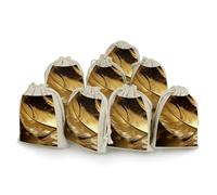 LPSADGF Lot de 8 petits sacs cadeaux réutilisables en coton et lin avec cordon de serrage pour Noël, mariages, fêtes, dragées - 12,4 x 17 cm - Motif plumes dorées