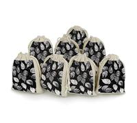 LPSADGF Lot de 8 petits sacs cadeaux réutilisables en toile de jute avec cordon de serrage pour Noël, mariages, fêtes, cadeaux - Motif feuilles noires et grises - 12,4 x 17 cm