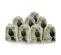 LPSADGF Lot de 8 sacs cadeaux réutilisables en coton et lin avec corbeau sur une branche pour Noël, mariages, fêtes, dragées - 12,4 x 17 cm - Petits sacs en toile de jute
