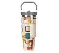 LPSADGF Mid Century Modern Gobelet de 887 ml avec paille, tasse de voyage isotherme en acier inoxydable avec poignée, tasse à café sous vide à double paroi, couvercle anti-fuite, garde les boissons