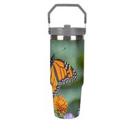 LPSADGF Monarch Butterflies Gobelet de 887 ml avec paille, tasse de voyage isotherme en acier inoxydable avec poignée, tasse à café sous vide à double paroi, couvercle anti-fuite, garde les boissons