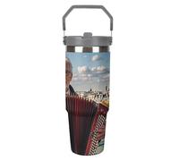 LPSADGF Musicians And Instruments Gobelet de 887 ml avec paille, tasse de voyage isotherme en acier inoxydable avec poignée, tasse à café sous vide à double paroi, couvercle anti-fuite, garde les