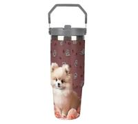 LPSADGF Pomeranians Puppies And Point Gobelet de 887 ml avec paille, tasse de voyage isotherme en acier inoxydable avec poignée, tasse à café sous vide à double paroi, couvercle anti-fuite, garde les