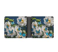 LPSADGF Poppy Flowers Portefeuille en cuir avec pince à billets pour homme avec 6 emplacements pour cartes, 2 poches cachées, White Blooms Blue Butterflies, Taille unique, Moderne