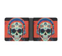 LPSADGF Punk Rock Écouteurs Crâne Portefeuille Homme Cuir Pince à billets Étui fin avec 6 emplacements pour cartes, 2 poches cachées, Casque Punk Rock Skull, Taille unique, Moderne
