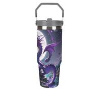LPSADGF Purple Dragon Moon Gobelet de 887 ml avec paille, tasse de voyage isotherme en acier inoxydable avec poignée, tasse à café sous vide à double paroi, couvercle anti-fuite, garde les boissons