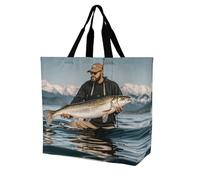 LPSADGF Sac fourre-tout à fleurs jaunes et grises pour femme - Sac d'épicerie pliable et réutilisable, sac à main à bandoulière, Bass Fishing Wave, 40x40x16cm