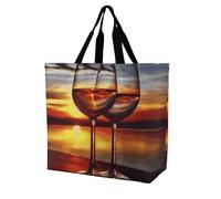 LPSADGF Sac fourre-tout cerveau gauche et droit pour femme - Sac d'épicerie pliable réutilisable, sac à main à bandoulière, Verre à vin coucher de soleil, 40x40x16cm