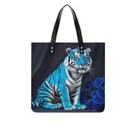 LPSADGF Sac fourre-tout en bois pour femme - Sac à main en cuir - Trousse de maquillage avec boucle magnétique - Sac décontracté, Tigre rose bleue, 39x39cm