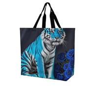 LPSADGF Sac fourre-tout en bois pour femme - Sac d'épicerie pliable et réutilisable, sac à bandoulière, Tigre rose bleue, 40x40x16cm