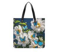 LPSADGF Sac fourre-tout en cuir avec motif de coquelicot pour femme, sac à main de maquillage avec boucle magnétique, sac décontracté, White Blooms Blue Butterflies, 39x39cm