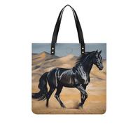 LPSADGF Sac fourre-tout en cuir noir avec motif cheval arabe pour femme, sac de maquillage avec boucle magnétique, sac décontracté, Cheval arabe noir, 39x39cm