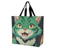 LPSADGF Sac fourre-tout Happy Irish Holidays pour femme - Sac d'épicerie pliable réutilisable, sac à main à bandoulière, Chat vert anime, 40x40x16cm